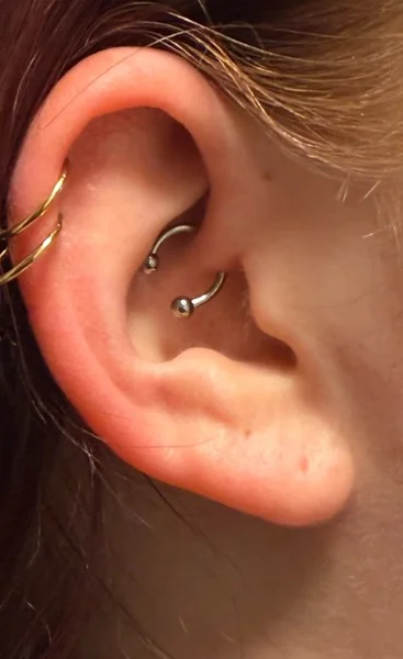 Ohrpiercings mit goldfarbenem Schmuck – Mahdis Piercing-Galerie, Gestochen Scharf Brandenburg