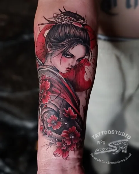 Frauenporträt mit rotem Schirm und Blüten am Unterarm – Tattoo von Stephan bei Gestochen Scharf in Brandenburg an der Havel